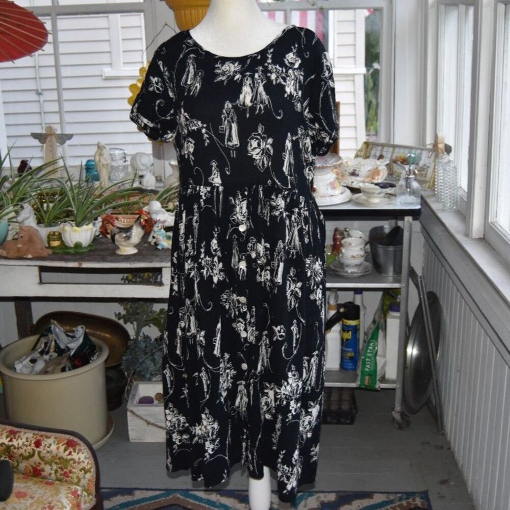 BILA 90s L Black White Retro Ladies Floral Rayon Midi Dress Boho Cottagecore